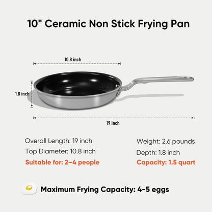 GLOBEHOME 5 Ply Ceramic Non Stick Frying Pans - 10 Inch Stainless Clad Nonstick Skillet, Non Toxic, PTFE & PFOA FREE, Professional Cookware for Induction, All Stoves and Oven up to 650°F