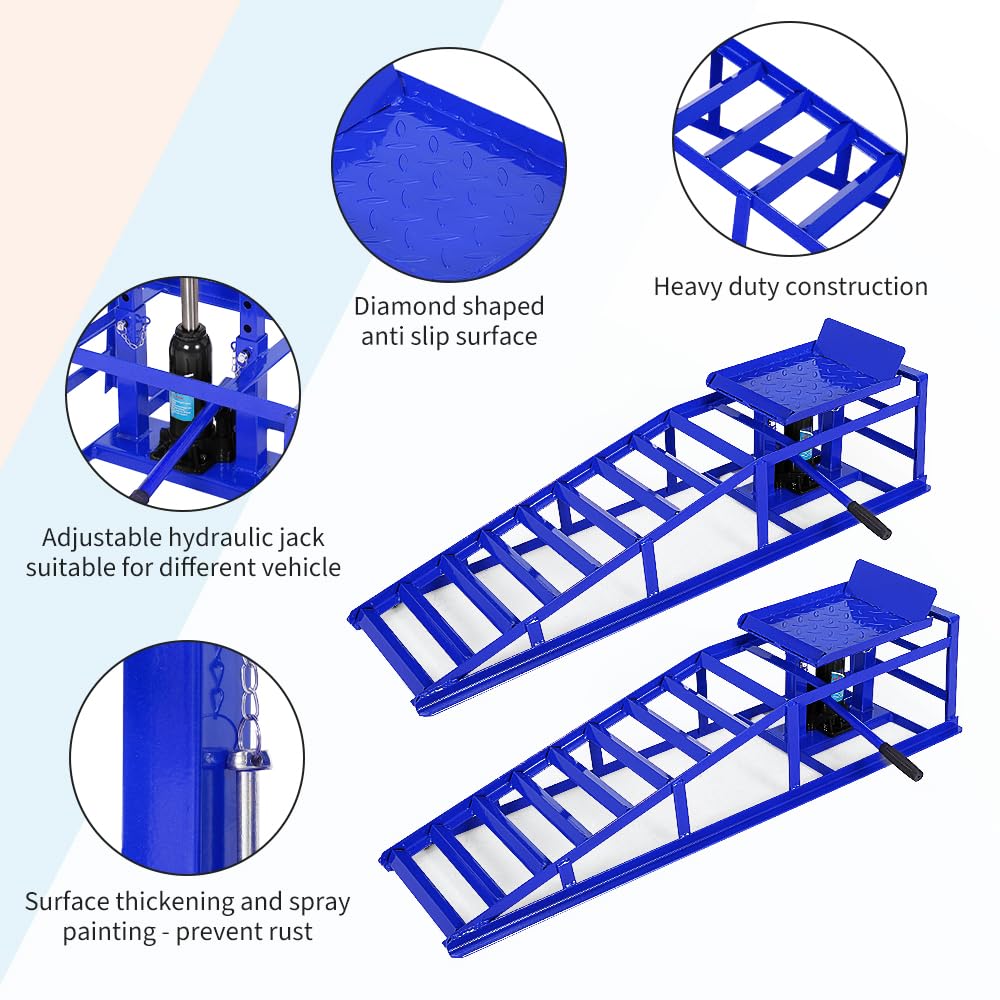 2PCS Hydraulic Car and Truck Service Ramps,11023 LBS (5 T) Capacity, Portable Lifts Ramps for Oil Changes, Adjustable Lift Height 9.8 in to 16.21 in, Home Garage,Vehicle Auto Garage Repair (Blue 5 T)