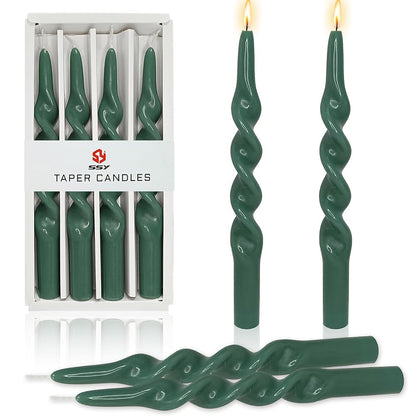 10 Inch Spiral Candles Set of 4, Deep Green Taper Candles, Handmade Twisted Candles, Unscented Candle Sticks for Summer Wedding Dinner Decor