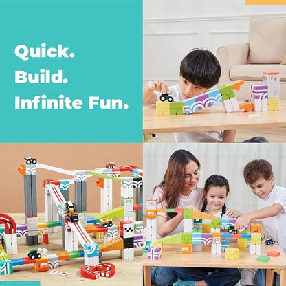 QBI Magnetic Building Blocks Car Track Set 46PCS STEM Learning Toys for Kids Ages 4-8 Sensory Magnetic Blocks with 2 Push-and-go Cars | Educational Montessori Magnet Cubes for Boys &amp Girls