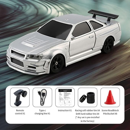 TOUCAN RC HOBBY 1:43 Remote Control Mini Drift Car Race Car Toy Radio Lights Traffic Safety Cone Without a Gyro SilverUS in Stock