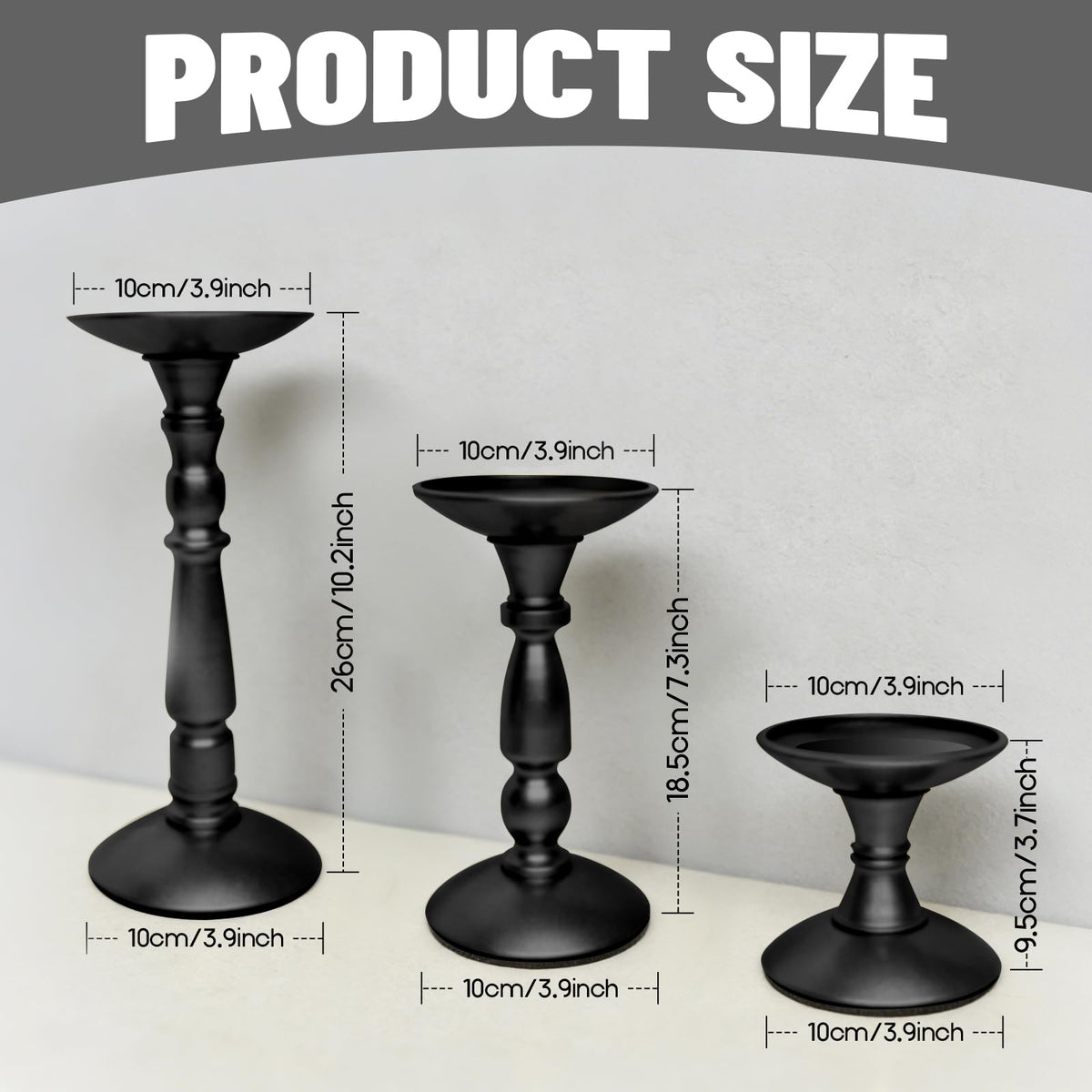 Bryzont Black Tall Pillar Candle Holders Metal Large Candle Stand Set of 3 for Pillar Candles, Dining Table Centerpiece, Fireplace Matel, Living Room, Farmhouse Home Decor, Party