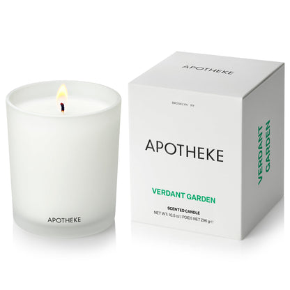 Apotheke Signature Scented Candles for Home, Verdant Garden - 10.5 oz - Soy Wax, Non Toxic, Large Jar White - Luxury Candle Gifts for Women & Men - Cedarwood, Jasmine, Fig, and Coconut