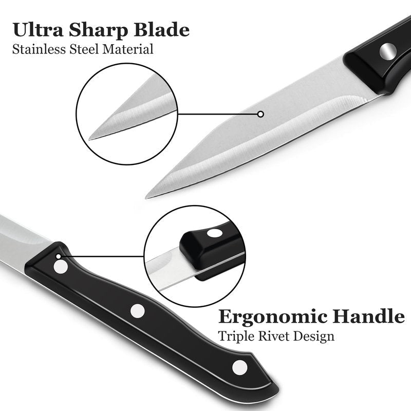 BEWOS 4-Piece Paring Knife Set - Paring Knives with Ergonomic Handle, 3.5 Inch Triple Rivet Paring Knives, Stainless Steel/Black Parers for Vegetable, Fruit & Kitchen Use