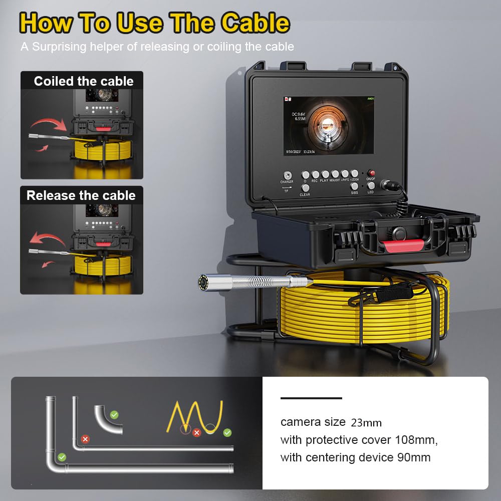 SYOWNFS Sewer Camera with 512Hz Sonde Self-Leveling, Pipe Inspection Camera with DVR Recorder, Endoscope with 12pcs LED Lights for Plumbing, 100ft/30m (16GB SD Card Included)