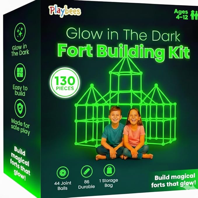 Playbees Glow in The Dark Fort Building Kit – 130 PCS STEM Toy for Kids Ages 4–12 – Build Tents Castles &amp Rockets – Creative Building Set &amp Great Gift