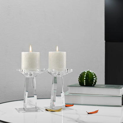 Marvala Crystal Taper/Pillar Candle Holders Set of 2, Heavy Solid Hand Cut Candle Stands Set, 6.3 Inches Height, Table Centerpiece Home Decor for Wedding, Dining, Party, Clear