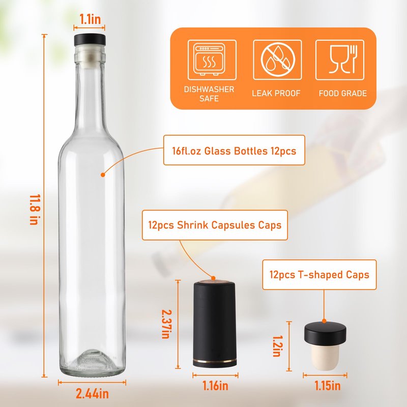 Alotpower Wine Bottles 12oz with T-top Caps & Seal Shrink Capsules Caps12Pack, 375 ml Glass Bottles for Wine Making,Empty Glass Bottles with Cork for Kefir,Beverages,Kombucha(12fl.oz/375ml)