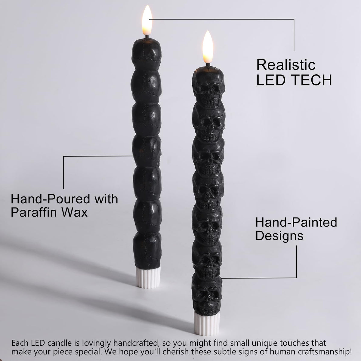 Eywamage Halloween Flameless Taper Candles with Remote, Spooky Black Skull LED Candlesticks Battery Operated Flickering Real Wax Set of 4