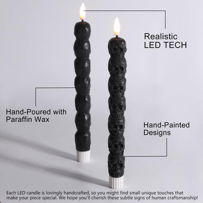 Eywamage Halloween Flameless Taper Candles with Remote, Spooky Black Skull LED Candlesticks Battery Operated Flickering Real Wax Set of 4