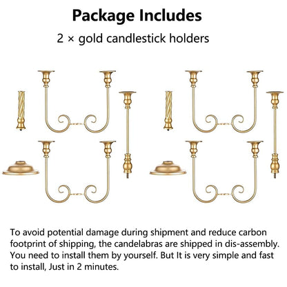 Metal Candelabra Gold Candle Stand 20in Tall, 5-Candle Candlestick Holder for Taper Candles, Candle Holder for Wedding Centerpiece Christmas Valentine Holiday Party Event Reception Decor, 2Pcs