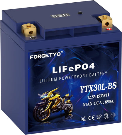 Lithium Motorcycle Battery, Forgetyo YTX30L-BS LiFePO4 Battery, 12V 12AH 850A ATV, UTV, Jet Ski, 4 Wheeler and Lawn Mower Battery