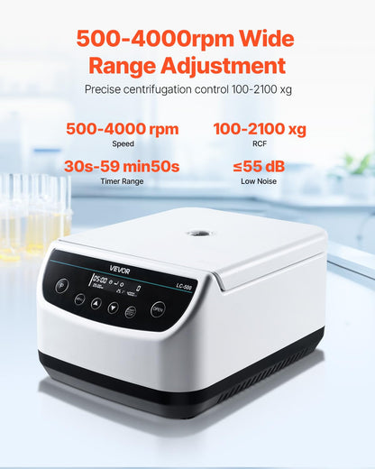 VEVOR Centrifuge Machine, 100-2100xg RCF Electric Laboratory Centrifuge Machine with 1 Rotor for 2/5/10/15/50ml Tube Capacity, Low Speed 500-4000rpm with Timer, Widely Used in Various Experiments