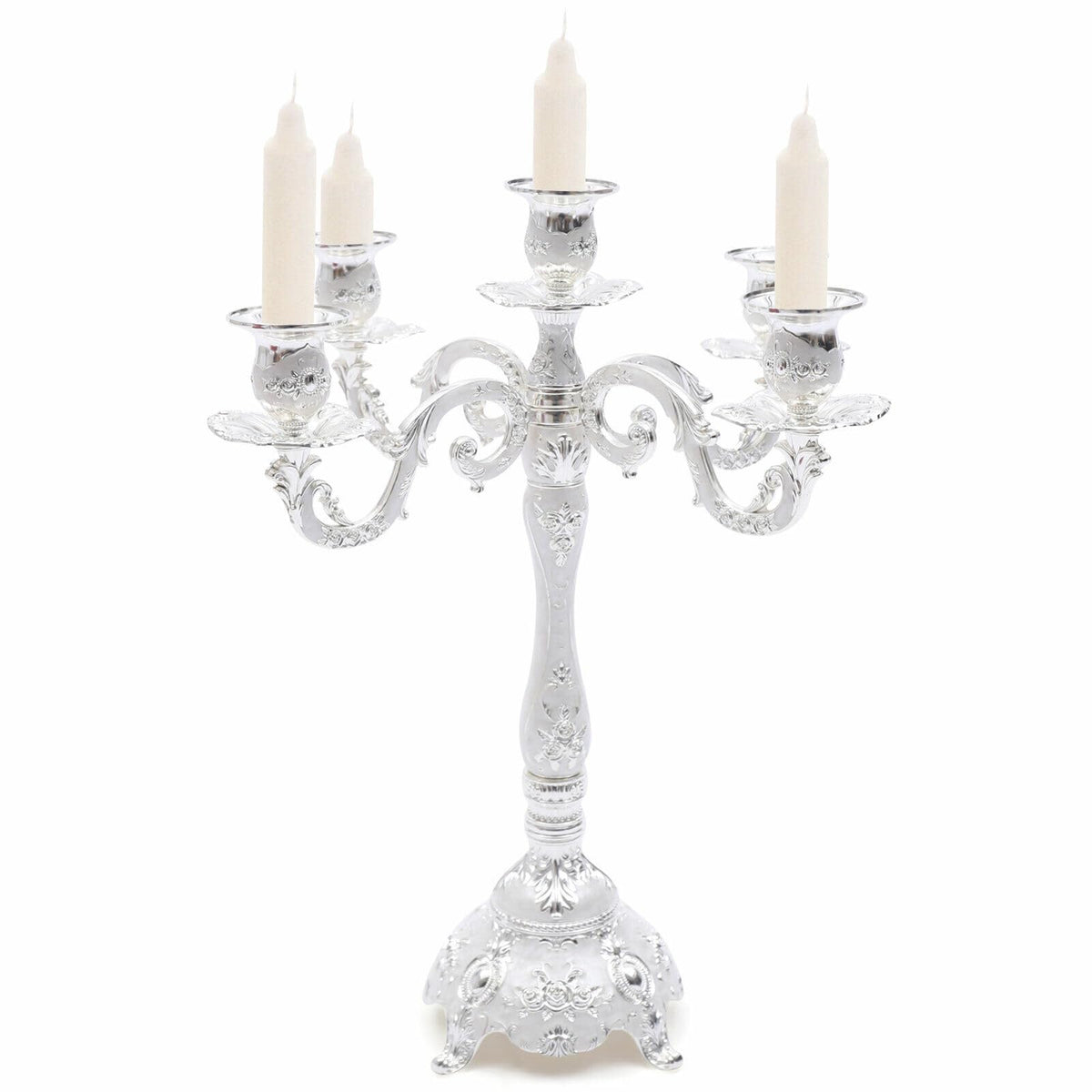 Headery Elegant 14.56”H Mental Tall Candelabra,5 Arm Candle Holder Candlestick Holder, Taper Candle Holder with Three-Dimensional Carving for Wedding Dinner Party Chrismas Ceremony Home Decor(Silver)