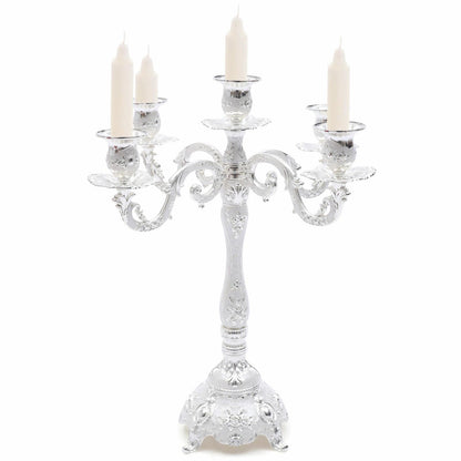Headery Elegant 14.56”H Mental Tall Candelabra,5 Arm Candle Holder Candlestick Holder, Taper Candle Holder with Three-Dimensional Carving for Wedding Dinner Party Chrismas Ceremony Home Decor(Silver)