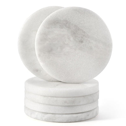 Koville White Marble Coasters Set of 6 for Coffee Table, 3.9" Inches Handmade Round Coaster, Luxury Aesthetic Modern Drink Coaster for Table Décor Home Décor, Coasters for Dining, Bar or Office