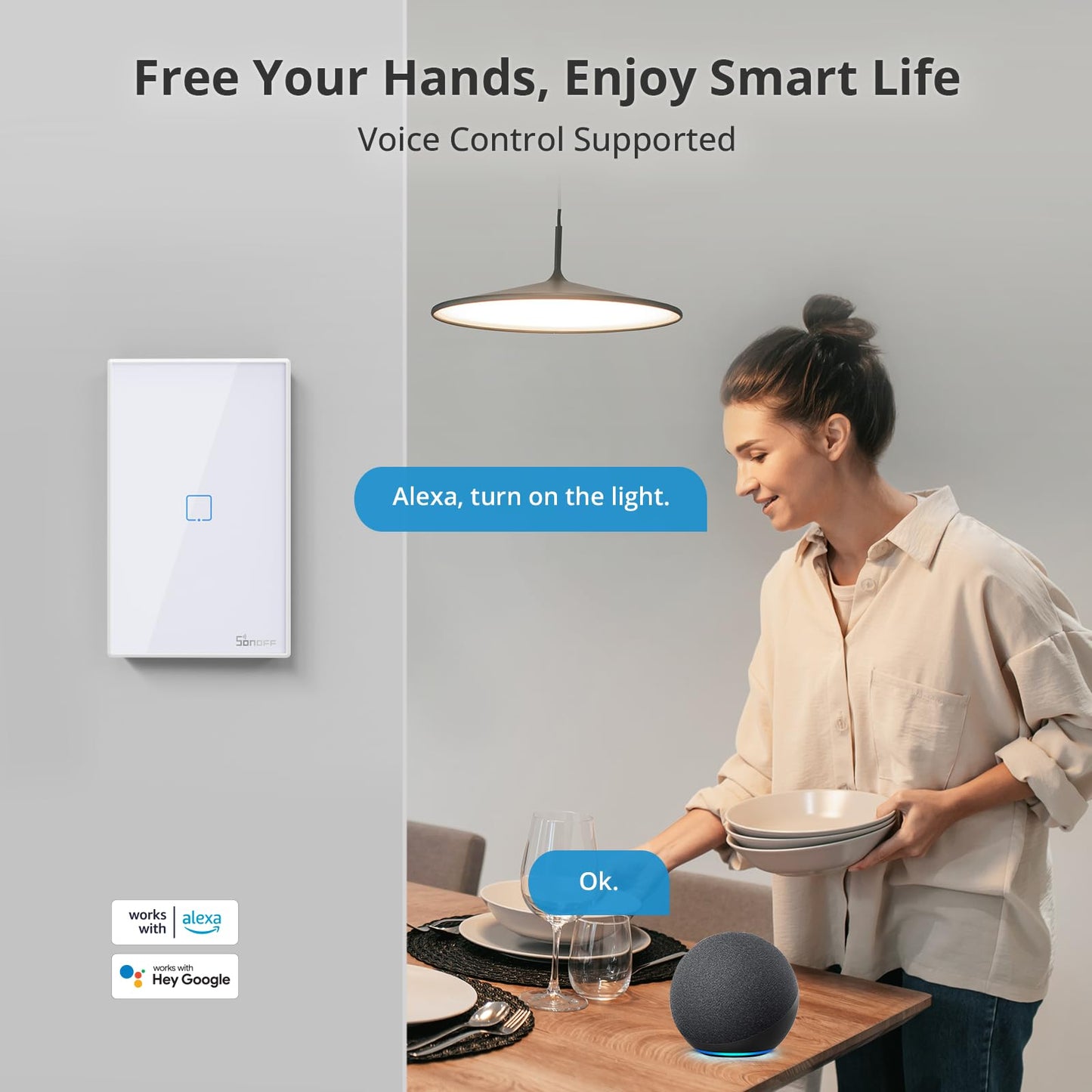 SONOFF Smart Light Switch, 2.4GHz WiFi Touch Smart Wall Switch for Lights, Works with Alexa and Google Home, Neutral Wire Required Interruptor Inteligente, 1 Gang 1 Way TX T2