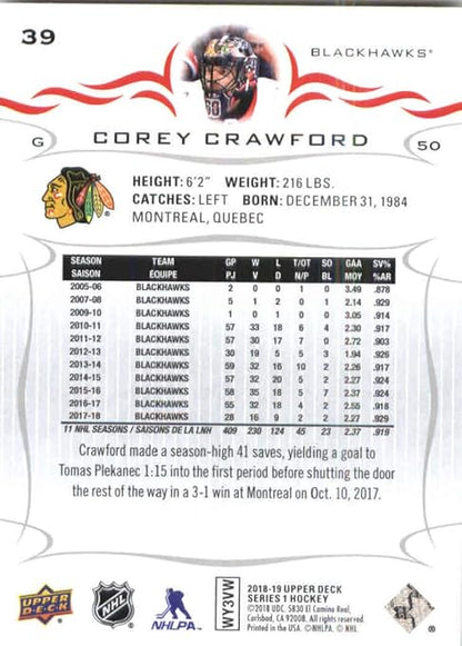 2018-19 Upper Deck #39 Corey Crawford Chicago Blackhawks NHL Hockey Trading Card