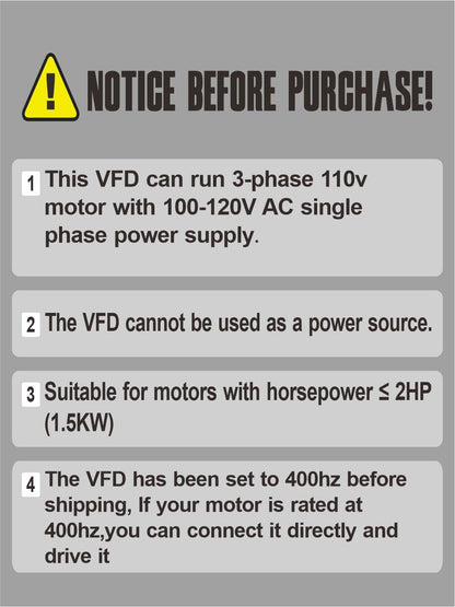 HY HUANYANG VFD Converter,Variable Frequency Drive,110V 1 Phase to 110v 3 Phase, for 3 Phase Motor/Spindle 0-400hz Speed Rotation (HY Series-110v 1.5kW 2HP Model)