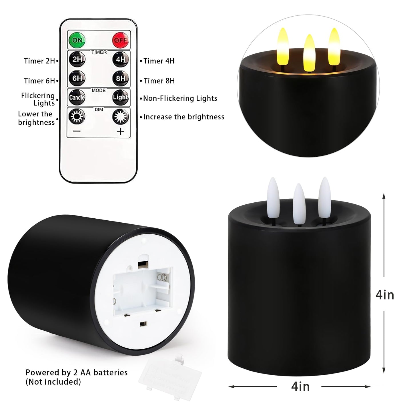 Large 3 Wick Flameless Candles Set of 2, 4"x4" Flickering LED Candles with Remote & Timer, Dimmable Real Wax Electric Pillar Candles Battery Operated, Black Candles Light for Home Halloween Decor