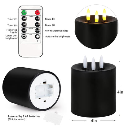 Large 3 Wick Flameless Candles, 4"x4" Flickering LED Candles with Remote & Timer, Dimmable Real Wax Electric Pillar Candles Battery Operated, Black Candles Light for Home Halloween Decor (Black)