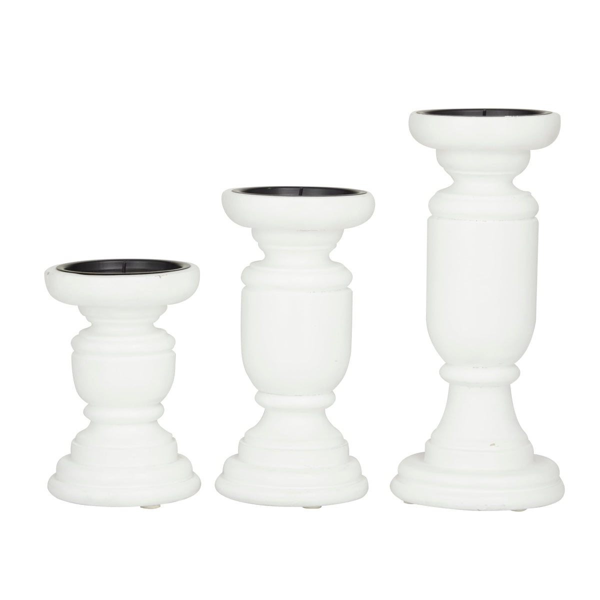 Deco 79 Mango Wood Turned Style Pillar Candle Holder, Set of 3 10", 8", 6"H, White