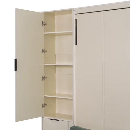 Murphy Bed Queen Bed Frame with Headboard,Hydraulic Storage,Sofa,Hydraulic Lift Wood Wall Murphy Beds w/Shelves & Drawers,LED/USB Lighting,Desk,2 Pillows,Hideaway Bedframe for Bedroom,Beige