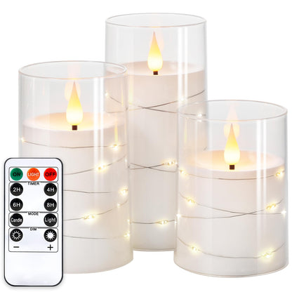 NURADA Flickering Flameless Candles: Built-in Star String Lights Acrylic 3D Wick Battery Operated LED Pillar Candles with Remote and Timer for Romantic Mood Home Decoration - 3 Pack Pure White