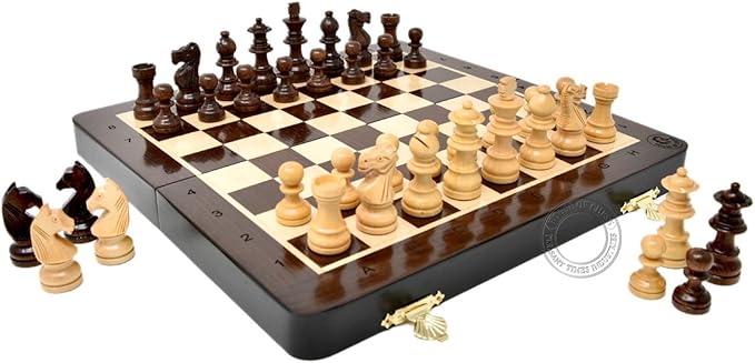 House of Chess - 10 Inch Wooden Magnetic Folding Travel Chess Set/Board with 2 Extra Knights 2 Extra Pawns 2 Extra Queens and Algebraic Notation - Handmade - Premium Quality