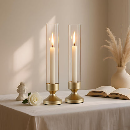 Hurricane Glass Candle Holders, Set of 6 Metal Taper Candlesrick Holders for Centerpieces Tall Gold Candle Stands Bulk with Glass Cylinder for Wedding Birthday Party Table Decor