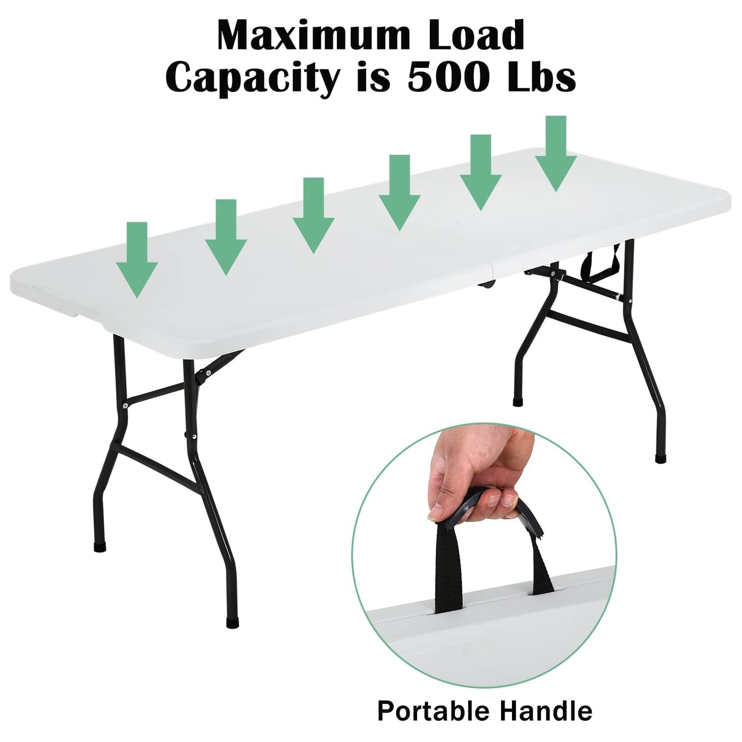 PIKAQTOP Plastic Folding Table 6ft Heavy Duty Foldable Utility Table with Carrying Handle for Camping Picnic BBQ Party Banquet Backyard, 500LBS Capacity, White