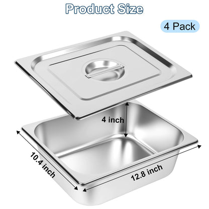 Botyboty 4 Pack 1/2 Half Size Hotel Pans 4 Inch Deep with Lids, Stainless Steel Steam Table Pan Half Size with Lids, Commercial Food Pans for Hotel, Home, Restaurant, Catering, Buffet Pan