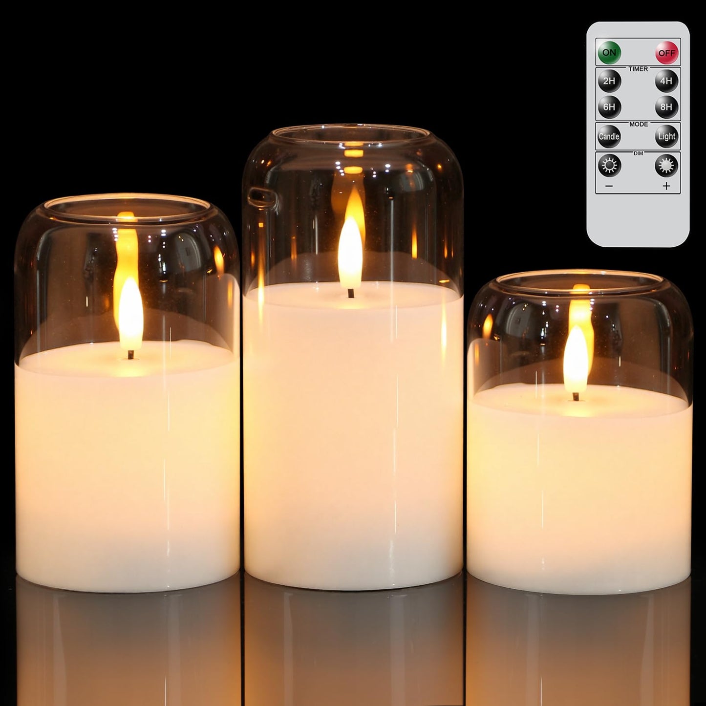 GenSwin Glass Flameless Candles with Remote Timer, Clear Battery Operated Candles with Flickering Flame, Glass and Real Wax LED Pillar Candle for Halloween Christmas Home Decor(Set of 3, D3”x4”5”6”)