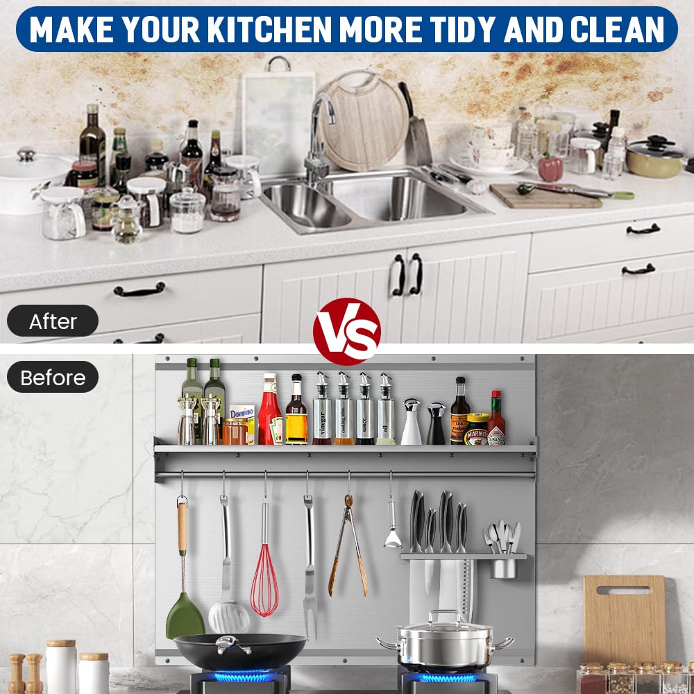 VENFAN 48"x 30" Stainless Steel Backsplash, Range Backsplash with Storage Shelf & Knife Rack, Stainless Steel for Stove Wall Shield with Pre-Drilled Holes