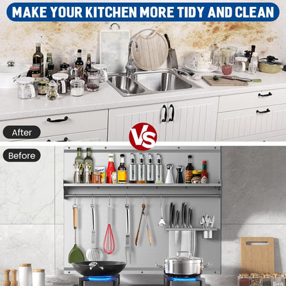 VENFAN 48"x 30" Stainless Steel Backsplash, Range Backsplash with Storage Shelf & Knife Rack, Stainless Steel for Stove Wall Shield with Pre-Drilled Holes