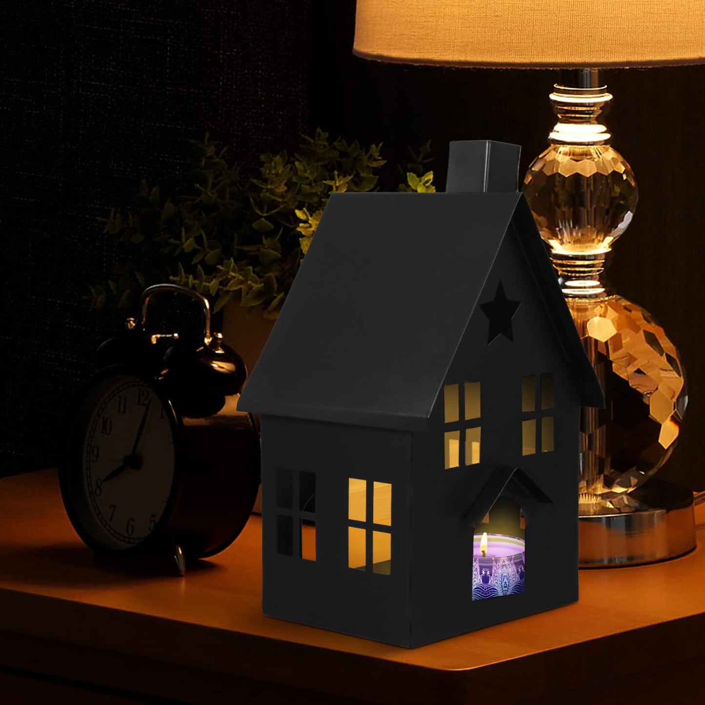 House Tea Light Holder Gothic Decor House Shape Candle Holder Rustic Candlestick Tea Light Stand Votive Candle Lantern for Home Farmhouse Dining Table Black Pillar Candle Holder