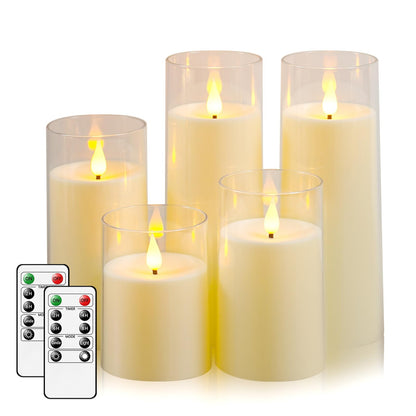 Fo32won Ivory White LED Flameless Pillar Candles Battery Operated with Remote Timer, 5 Pack 3D Flickering Acrylic Candles for Home Living Room Bedroom Fireplace Wedding Party Holiday Decor & Gift