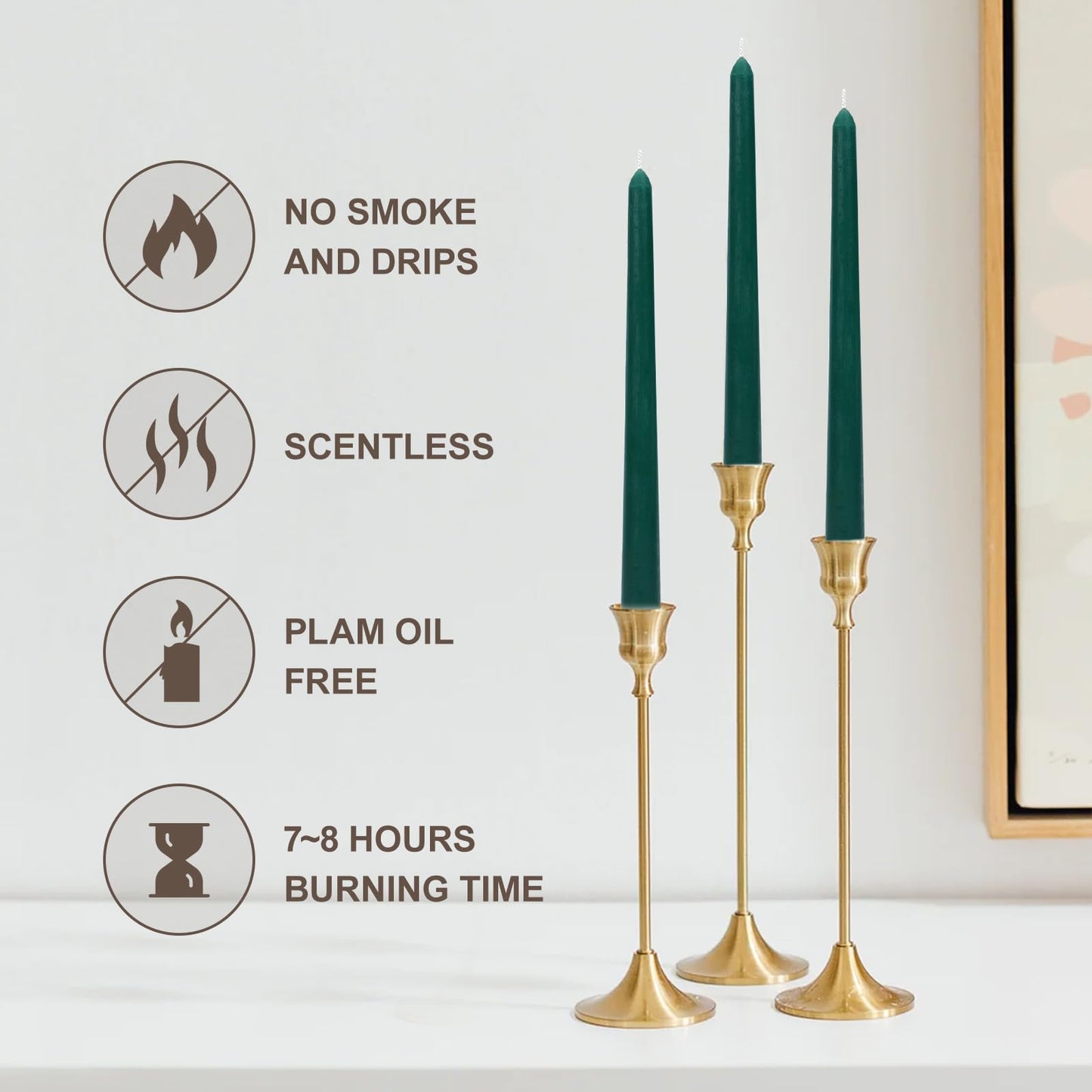 Tongkae Taper Green Candles, 4 Pack, 10 Inches Long, Unscented, Smokeless, Dripless, Cotton Wick, 7-8 Hours Burn Time, for Dinners, Christmas, Weddings, Parties, Holidays, Religious Events, Home Decor