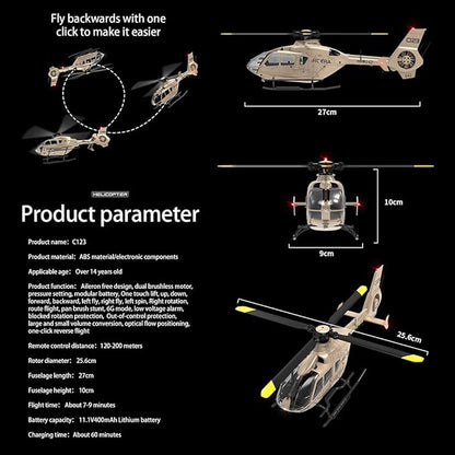 RC ERA C123 EC135 6CH RC Helicopter 1/36 Scale Military Aircraft Single-Rotor Gyroscopic Stabilization with Altitude Hold/One-Key Take Off for Beginners &amp Adults -RTF/2 Battery