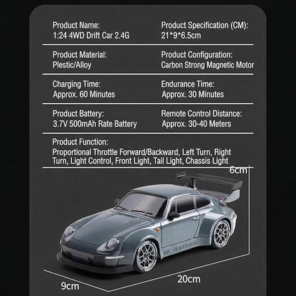 High Speed 1:24 4WD RC Drift Car with Proportional 2.4G Remote Control Dual Tire Configuration and LED Light Racing Vehicle Model for Adults Enthusiasts– Gradient Color