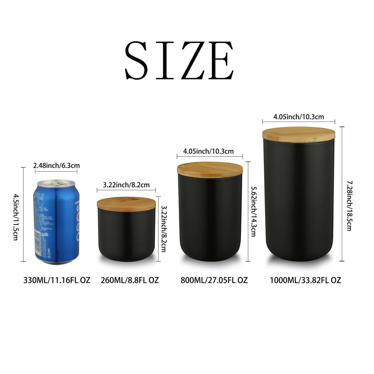 MilkyWay Food Storage Jar Strong Ceramic Storage Canisters with Airtight Seal Bamboo Lid Modern Design Seal Damp-Proof Kitchen Jar for Coffee, Tea, Spice and More (Black(S: 8.7oz/260ml))