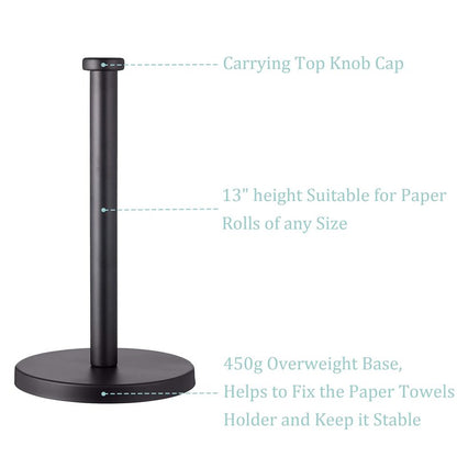 Black Standing Paper Towel Holder for Kitchen& Bathroom Countertop,Under Counter, Table Or BBQ, Standard or Jumbo-Sized Roll Paper (with Stainless Steel Base)