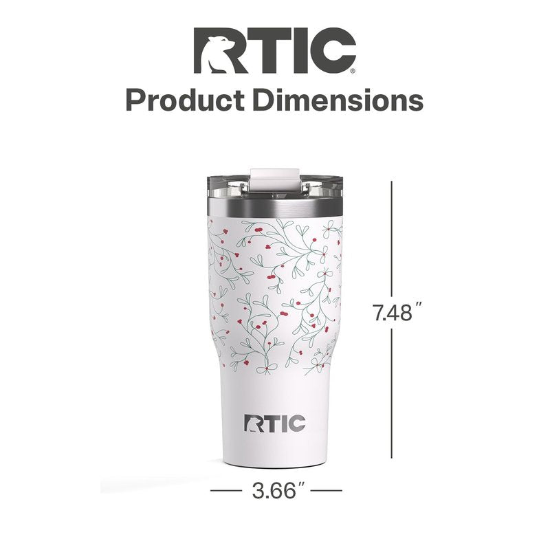 RTIC 20oz Essential Tumbler with Lid, Ceramic Lined, Insulated, Stainless Steel, Metal, Double Wall Vacuum-Insulation, Travel Cup for Iced Coffee, Tea, Hot and Cold Drink, Mistletoe