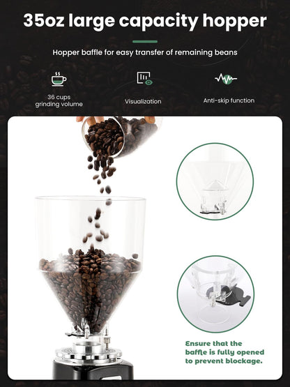 Huanyu Burr Coffee Grinder- Stainless Steel Flat Burr, 19 Precise Grind Settings, 35oz Capacity and Dual Dosing for Espresso, Pour Over, French Press, Black