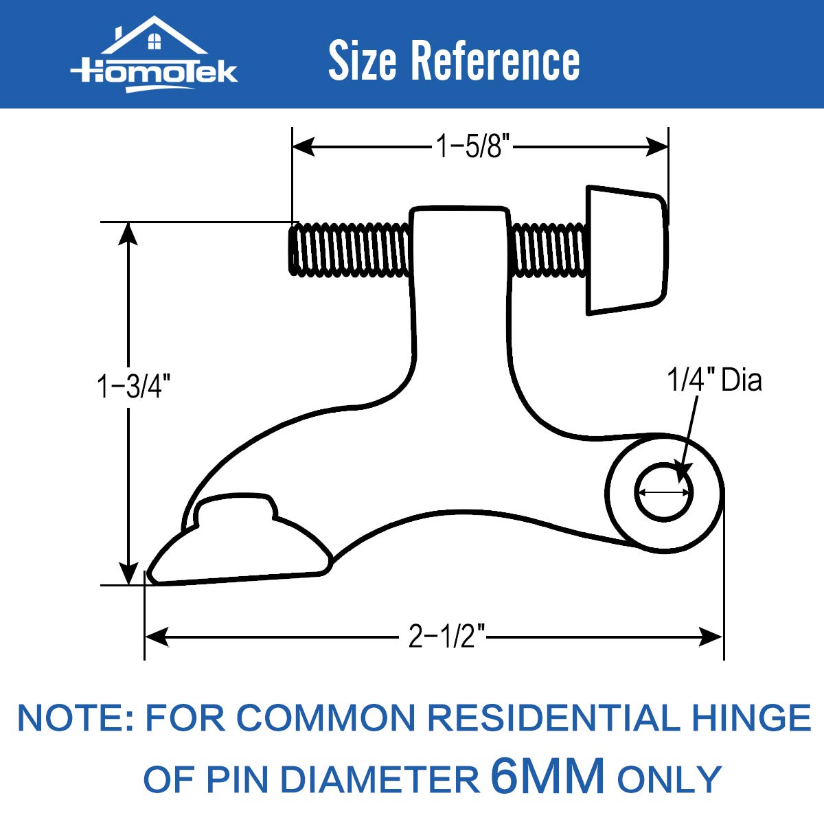 HOMOTEK 6 Pack Hinge Pin Black Door Stopper,Adjustable Deluxe Heavy Duty Door Stopper 2-1/2"x1-3/4”,with Black Rubber Bumper Tips