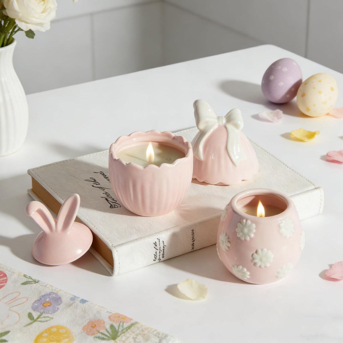 WDS WONDROUS 2-Pack Easter Bunny & Bow Ceramic Jar Candles, Egg Shaped Soy Wax Scented Candles with Daisy and Striped Design, Spring Home Decor Gift Set for Women, Pink Farmhouse Table Centerpiece