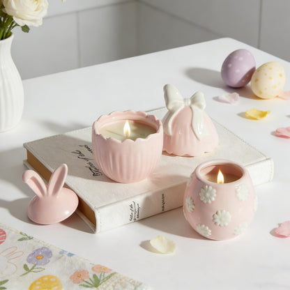 WDS WONDROUS 2-Pack Easter Bunny & Bow Ceramic Jar Candles, Egg Shaped Soy Wax Scented Candles with Daisy and Striped Design, Spring Home Decor Gift Set for Women, Pink Farmhouse Table Centerpiece