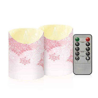 Christmas Flameless Candles Set of 2 Pink Snowflakes Realistic LED Candles with Remote Battery Operated Holiday Decorations