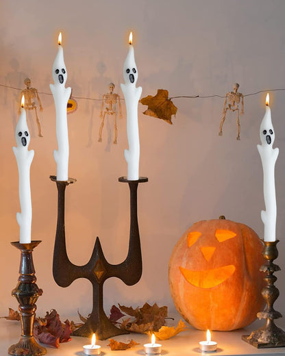 10inch Ghost Taper Candles White Tall Taper Candle with Decorative Candlestick for Halloween Table Decorations,Set of 2
