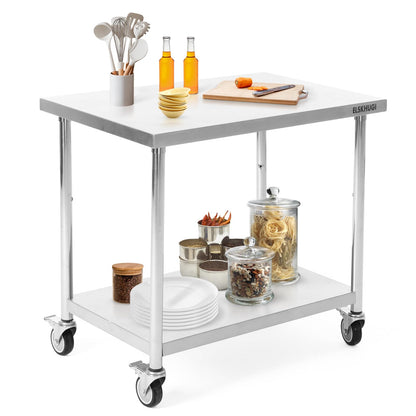 ELSKHUGI Stainless Steel Table for Prep & Work 36 x 24 Inches with Caster Wheels,Commercial Heavy Duty Metal Table with Undershelf for Home,Restaurant and Hotel Kitchen (36" x 24")
